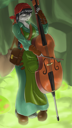 Size: 750x1333 | Tagged: safe, artist:wookylee, octavia melody, anthro, earth pony, bandana, black hair, cello, cello bow, clothes, crypt of the necrodancer, female, fingerless gloves, musical instrument, shoes, solo