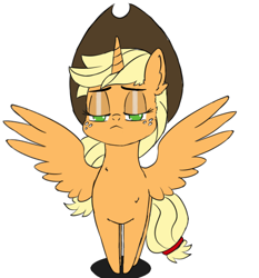 Size: 456x489 | Tagged: artist needed, safe, applejack, alicorn, pony, applecorn, applejack is not amused, hat, lidded eyes, race swap, simple background, solo, spread wings, unamused, white background, wings