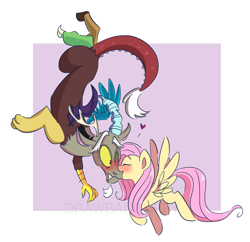 Size: 1280x1241 | Tagged: safe, artist:drawbauchery, discord, fluttershy, draconequus, pegasus, pony, blushing, discoshy, embarrassed, female, kissing, male, shipping, straight