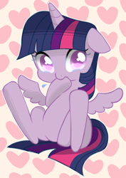 Size: 600x847 | Tagged: safe, artist:puchiko, derpibooru import, twilight sparkle, twilight sparkle (alicorn), alicorn, pony, cute, female, heart, hoof sucking, looking at you, mare, simple background, solo, twiabetes