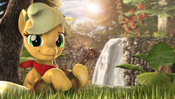 Size: 4000x2250 | Tagged: safe, artist:redaceofspades, applejack, earth pony, pony, 3d, acoustic guitar, bandana, female, freckles, grass, hoof hold, looking at you, mare, scenery, solo, tree, waterfall