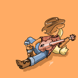 Size: 1280x1280 | Tagged: safe, artist:pencilbrony, applejack, anthro, boots, clothes, guitar, hat, jeans, orange background, pants, plaid shirt, simple background, solo