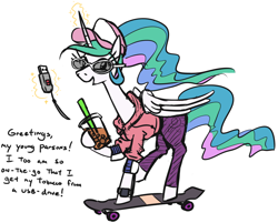 Size: 1000x805 | Tagged: safe, artist:jargon scott, princess celestia, alicorn, pony, bubble tea, clothes, hat, hipster, homestar runner, hoodie, hoof hold, how do you do fellow kids, leggings, simple background, skateboard, solo, usb, vape, white background