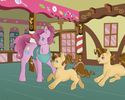 Size: 1024x819 | Tagged: safe, artist:uniquecolorchaos, pinkie pie, oc, oc:cheese cake, oc:peanut butter pie, earth pony, pony, apron, clothes, colt, ear piercing, earring, female, filly, jewelry, male, mare, offspring, older, parent:cheese sandwich, parent:pinkie pie, parents:cheesepie, piercing, running