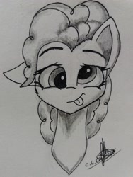 Size: 3096x4128 | Tagged: safe, artist:ironbeastz, pinkie pie, earth pony, pony, bust, derp, high res, monochrome, portrait, silly, silly pony, solo, tongue out, traditional art