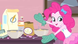 Size: 1280x720 | Tagged: safe, screencap, pinkie pie, better together, equestria girls, pinkie sitting, flour, mittens, solo