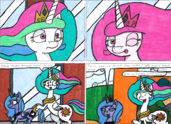 Size: 4254x3075 | Tagged: safe, artist:eternaljonathan, princess celestia, princess luna, alicorn, pony, comic:first three back, comic, deviantart, mirror, princess molestia, royal sisters, traditional art, whinnyland