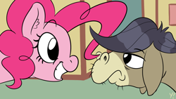 Size: 1920x1080 | Tagged: safe, artist:yakoshi, cranky doodle donkey, pinkie pie, donkey, pony, a friend in deed, duo, ear fluff, female, floppy ears, frown, grin, looking at you, male, mare, scene interpretation, smiling