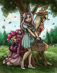 Size: 778x1000 | Tagged: safe, artist:king-kakapo, applejack, fluttershy, pinkie pie, human, basket, beautiful, boots, clothes, cowboy hat, denim, dress, eyes closed, female, flower, hat, high heels, human female, humanized, kneeling, leaning, leaning back, light skin, open mouth, shoes, shorts, skirt, smiling, socks, stetson, suspenders, tree, trio, trio female