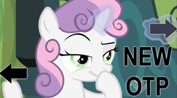 Size: 853x471 | Tagged: safe, sweetie belle, exploitable meme, juxtaposition bait, meta, new otp, otp