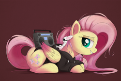 Size: 1950x1300 | Tagged: safe, artist:bugplayer, angel bunny, fluttershy, pegasus, pony, clothes, colored wings, colored wingtips, digital art, duo, female, hoodie, looking back, male, mare, prone, smiling, stereo, sunglasses, swag