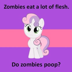 Size: 599x599 | Tagged: safe, sweetie belle, pony, unicorn, zombie, female, filly, meta, question, white coat