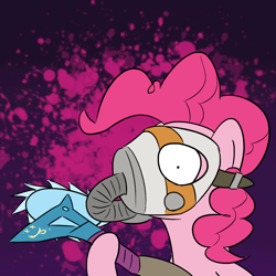 Size: 1280x1280 | Tagged: safe, artist:phat_guy, derpibooru exclusive, pinkie pie, earth pony, pony, angry, borderlands, borderlands 2, bust, buzz axe, crazy face, crossover, faic, female, gas mask, hoof hold, insanity, krieg, looking at you, maniac, mare, mask, melee, melee weapon, portrait, raised leg, sawblade, smiley, solo, weapon, wide eyes, xp