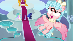 Size: 1280x720 | Tagged: safe, screencap, cozy glow, princess celestia, princess luna, twilight sparkle, twilight sparkle (alicorn), alicorn, pony, the ending of the end, alicornified, cozycorn, crown, female, filly, jewelry, mare, race swap, regalia