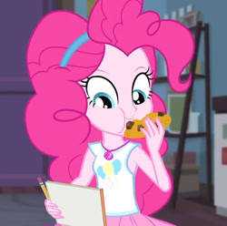 Size: 724x717 | Tagged: safe, screencap, pinkie pie, better together, equestria girls, the finals countdown, cookie, cute, diapinkes, eating, female, food, geode of sugar bombs, magical geodes, solo