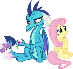 Size: 5015x4742 | Tagged: safe, artist:cheezedoodle96, artist:ninjashadow-x, artist:porygon2z, artist:sollace, fluttershy, princess ember, princess flurry heart, alicorn, dragon, pegasus, pony, absurd resolution, dragoness, female, filly, flower, mare, simple background, sitting, sitting up, transparent background, trio, vector