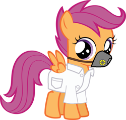 Size: 1081x1024 | Tagged: safe, scootaloo, clothes, factory scootaloo, filly, lab coat, looking at you, mask, respirator, simple background, solo, white background