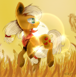 Size: 740x755 | Tagged: safe, artist:nikjessica, applejack, earth pony, pony, backlighting, bandana, food, lens flare, looking back, running, solo, straw, straw in mouth, unshorn fetlocks, wheat