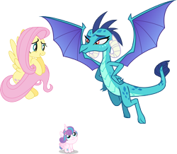 Size: 7029x6116 | Tagged: safe, artist:iscord, artist:luckreza8, artist:mattbas, artist:ninjashadow-x, fluttershy, princess ember, princess flurry heart, alicorn, dragon, pegasus, pony, absurd resolution, dragoness, female, filly, flying, holding tail, mare, simple background, transparent background, trio, vector