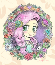 Size: 800x937 | Tagged: safe, artist:connielin718, angel bunny, fluttershy, pegasus, pony, rabbit, bust, cute, duo, female, flower, hair ornament, jewelry, looking at you, looking sideways, male, mare, pendant, portrait, shyabetes, smiling, traditional art