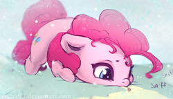 Size: 1735x992 | Tagged: safe, artist:sverre93, pinkie pie, earth pony, pony, behaving like a dog, cookie, cute, diapinkes, female, food, mare, sky, sniffing, snow, solo, sverre is trying to murder us