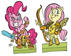 Size: 1280x1002 | Tagged: safe, artist:grotezco, fluttershy, pinkie pie, anthro, unguligrade anthro, archer, arrow, bow, bra, bracer, clothes, crossover, female, paper doll, smiling, sword, weapon