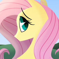 Size: 1500x1500 | Tagged: safe, artist:binkyt11, derpibooru exclusive, fluttershy, butterfly, pegasus, pony, bust, cutie mark, eye reflection, female, hill, lineless, looking back, mare, pacman eyes, portrait, reflection, solo