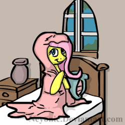 Size: 300x300 | Tagged: safe, artist:neyonic, fluttershy, pegasus, pony, bed, blanket, cozy, female, looking at you, mare, smiling, solo, wrapped up