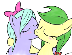 Size: 720x549 | Tagged: safe, artist:mansun, apple fritter, flitter, earth pony, pegasus, pony, apple family member, apple flitter (ship), blushing, bow, eyes closed, female, hair bow, kissing, lesbian, mare, shipping, simple background, white background