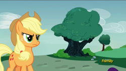 Size: 1920x1080 | Tagged: safe, screencap, applejack, earth pony, pony, honest apple, angry, discovery family logo, female, horizon, mare, solo, tree