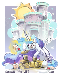 Size: 1308x1624 | Tagged: safe, artist:kez, princess celestia, alicorn, pony, castle, food, glue, pasta, solo, sun