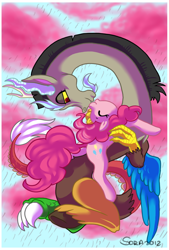 Size: 608x900 | Tagged: safe, artist:black-namer, discord, pinkie pie, earth pony, pony, chocolate, chocolate rain, discopie, eyes closed, female, food, kissing, male, pink cloud, rain, shipping, straight