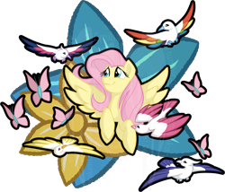 Size: 2229x1907 | Tagged: safe, artist:tuppkam1, fluttershy, bird, butterfly, pegasus, pony, female, flying, mare, simple background, solo, transparent background