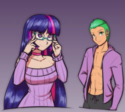 Size: 1191x1065 | Tagged: safe, artist:scorpdk, derpibooru import, spike, twilight sparkle, human, abs, choker, clothes, cute, female, glasses, humanized, male, older, older spike, open clothes, open shirt, smiling