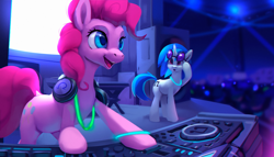 Size: 1200x684 | Tagged: safe, artist:rodrigues404, dj pon-3, pinkie pie, vinyl scratch, earth pony, pony, unicorn, audience, concert, female, headphones, mare, open mouth, smiling, speakers, sunglasses, surprised, turntable