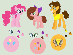 Size: 1203x899 | Tagged: safe, artist:princessunicorn123, cheese sandwich, pinkie pie, oc, oc:strawberry cake, earth pony, pony, alternate hairstyle, base used, bow, cheesepie, female, filly, green background, hair bow, heterochromia, male, offspring, parent:cheese sandwich, parent:pinkie pie, parents:cheesepie, raised hoof, reference sheet, shipping, simple background, straight