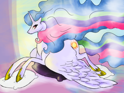 Size: 2048x1536 | Tagged: safe, artist:valeriyashyshkina, princess celestia, alicorn, pony, female, mare, missing accessory, pillow, prone, solo