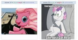 Size: 544x283 | Tagged: safe, pinkie pie (g3), sweetie belle, g3.5, exploitable meme, juxtaposition, juxtaposition win, meta