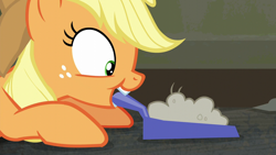 Size: 1280x720 | Tagged: safe, screencap, applejack, earth pony, pony, the saddle row review, cute, dustpan, female, freckles, looking down, mare, mouth hold, solo