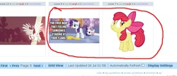 Size: 877x378 | Tagged: safe, derpibooru import, screencap, apple bloom, rarity, sweetie belle, pony, unicorn, derpibooru, exploitable meme, juxtaposition, juxtaposition win, meta, scrunchy face, the ass was fat