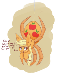 Size: 1500x1800 | Tagged: safe, artist:heir-of-rick, applejack, monster pony, original species, spiderpony, cute, dialogue, impossibly large ears, jackabetes, monster mare, solo, species swap, spiderjack, upside down