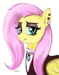 Size: 495x624 | Tagged: safe, artist:hardbrony, fluttershy, pegasus, pony, fake it 'til you make it, clothes, ear piercing, fluttergoth, lidded eyes, looking at you, piercing, simple background, solo, traditional art, white background