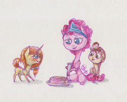 Size: 2259x1815 | Tagged: safe, artist:kimsteinandother, pinkie pie, pound cake, pumpkin cake, pegasus, pony, unicorn, cake, colt, female, filly, food, frosting, male, simple background, traditional art
