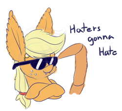 Size: 1200x1100 | Tagged: safe, artist:heir-of-rick, applejack, monster pony, original species, spiderpony, colored sketch, crossed arms, fangs, haters gonna hate, impossibly large ears, meme, monocle, simple background, solo, species swap, spiderjack, sunglasses, white background