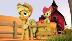 Size: 1920x1080 | Tagged: safe, artist:jaygaming1, apple bloom, applejack, earth pony, pony, 3d, barn, cowboy hat, cute, female, fence, freckles, grass, hat, open mouth, scenery, siblings, sisters, source filmmaker, stetson, sweet apple acres, wagon, wheel