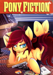 Size: 1358x1920 | Tagged: safe, artist:rariedash, oc, oc only, oc:canni soda, galacon, gun, movie poster, parody, pulp fiction, smoking, solo, underhoof, weapon