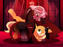 Size: 1500x1130 | Tagged: safe, artist:yokokinawa, applejack, oc, oc:dracula, earth pony, pony, vampire, vampony, alternate hairstyle, appleborg, clothes, dancing, dracula, dress, duo, female, freckles, gala dress, male, mare, ponified, red light, stallion, waltz, window