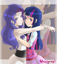 Size: 2360x2664 | Tagged: safe, artist:loure201, derpibooru import, rarity, twilight sparkle, human, armpits, clothes, dress, hug, humanized, nail polish, shirt, skirt