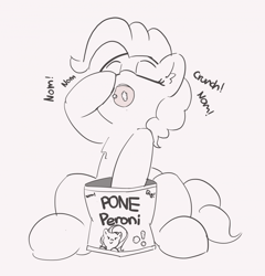 Size: 1280x1336 | Tagged: safe, artist:pabbley, pinkie pie, earth pony, pony, 30 minute art challenge, eating, eyes closed, female, food, mare, monochrome, open mouth, sitting, snack, solo