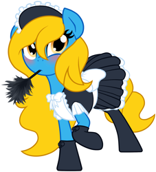 Size: 1892x2085 | Tagged: safe, artist:furrgroup, oc, oc only, oc:internet explorer, ask internet explorer, blushing, browser ponies, clothes, duster, internet explorer, looking at you, maid, simple background, socks, solo, white background